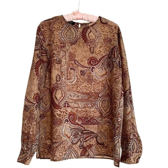 Vintage Liz Claiborne Lightweight Wool Long Sleeve Blouse Paisley Earthtones 10 - Picture 1 of 6